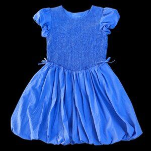 Owillo Girls' Blue Short Sleeve Smocked Bodice Bubble A-Line Dress, XL